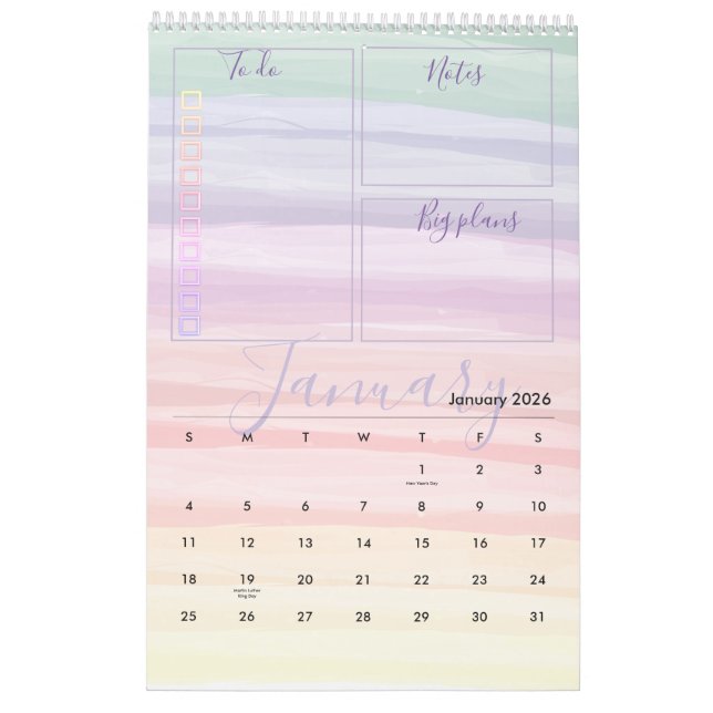Regenbogen Wasserfarbe Pinselstriche Monatsplaner Kalender (Jan 2026)