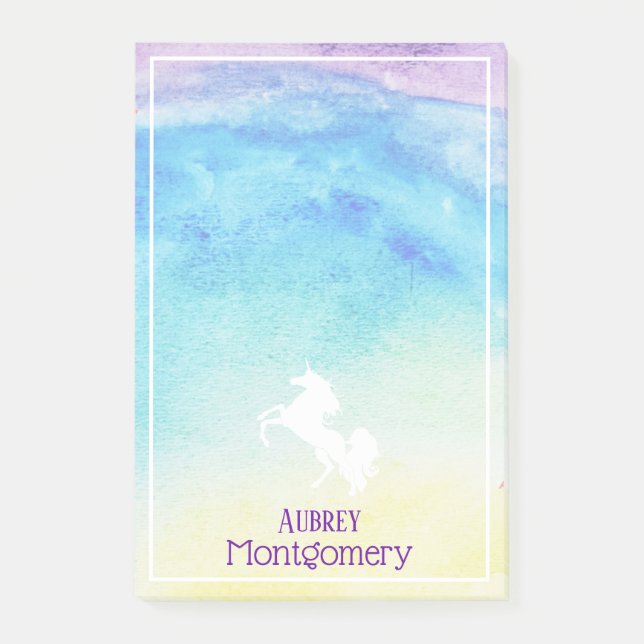 Regenbogen Wasserfarbe & Weißes Einhorn Personalis Post-it Klebezettel (Vorderseite)