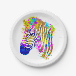 Regenbogen-Wasserfarben-Farbspritzer-Zebra-Grafik Pappteller