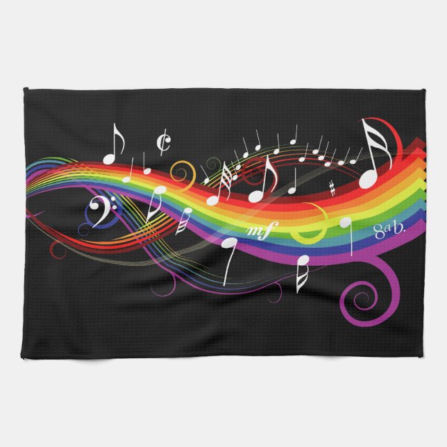 Regenbogen-weißer Musiknoten auf Schwarzem Handtuch (Horizontal)