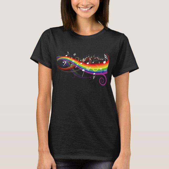 Regenbogen-weißer Musiknoten auf Schwarzem T-Shirt (Vorderseite)