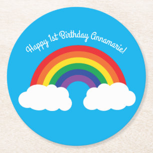 Regenbogen & Wolken Niedlich 1. Geburtstag Party Runder Pappuntersetzer