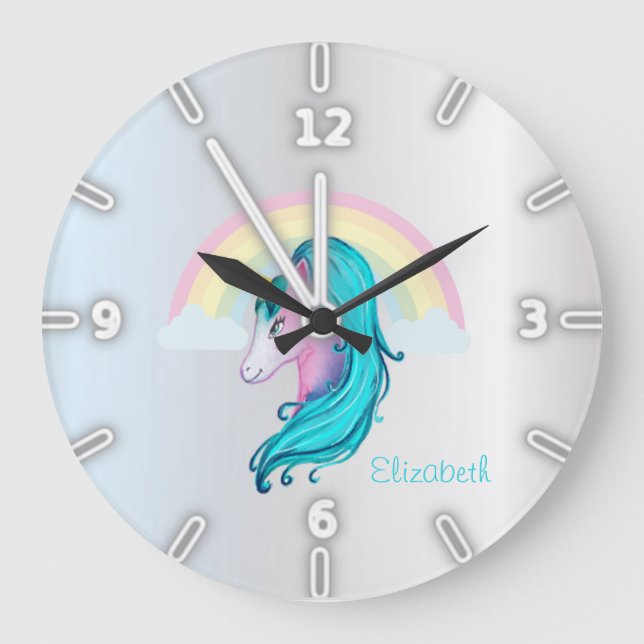 Regenbogen Zauberhafte Wasserfarbe Einhorn , Silbe Große Wanduhr (Vorderseite)