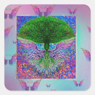 Regenbogenbaum des Lebens mit Angel Wings Quadratischer Aufkleber