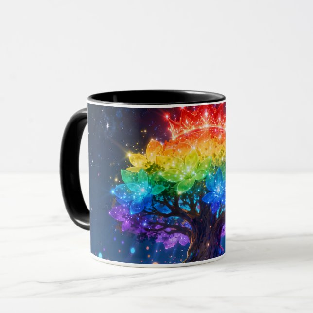 Regenbogenbaum-Tasse | Bunter Fantasy-Baum Keramik Tasse (Vorderseite Links)