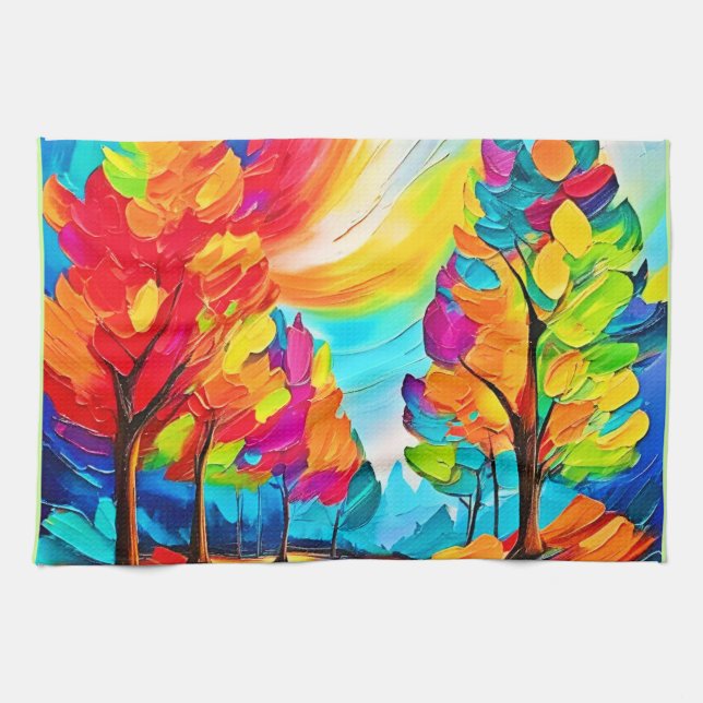 Regenbogenbäume: Lebhafter Wald Geschirrtuch (Horizontal)