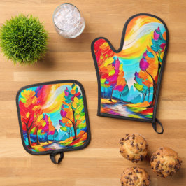 Regenbogenbäume: Lebhafter Wald Ofenhandschuh & Topflappen-Set
