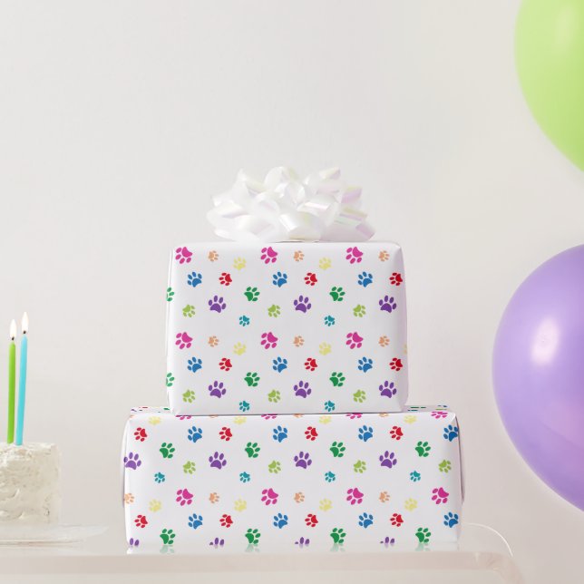 Regenbogenbemalte Pfotenabdrücke Geschenkpapier (Partygeschenke)