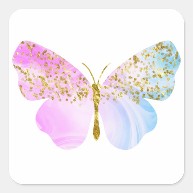 Regenbogenblu mit Goldener Glitzer Butterfly Quadratischer Aufkleber (Vorderseite)