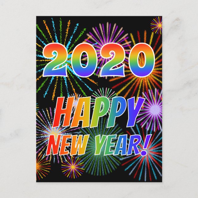 Regenbogenbriefe "2020" + "GLÜCKLICHES NEUES JAHR! Postkarte (Vorderseite)