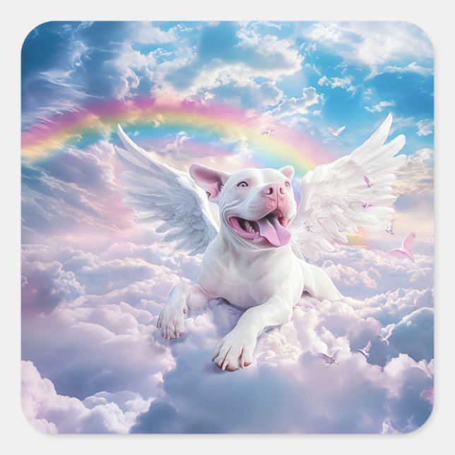Regenbogenbrücke, weißer Hund im Himmel Quadratischer Aufkleber (Vorderseite)