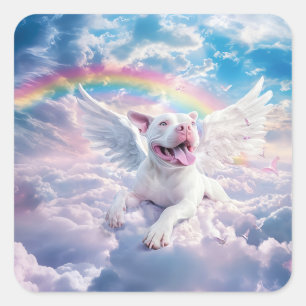 Regenbogenbrücke, weißer Hund im Himmel Quadratischer Aufkleber