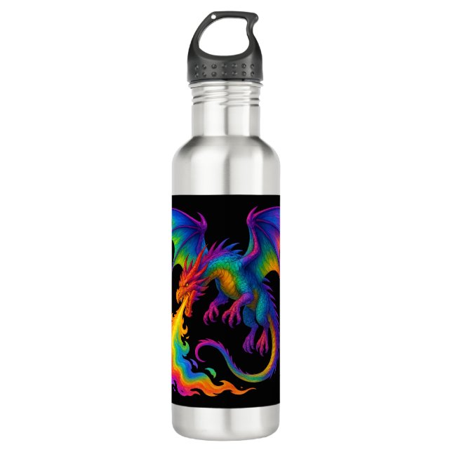 Regenbogendrache atmen farbenfrohe Flammenfantasy Edelstahlflasche (Vorderseite)
