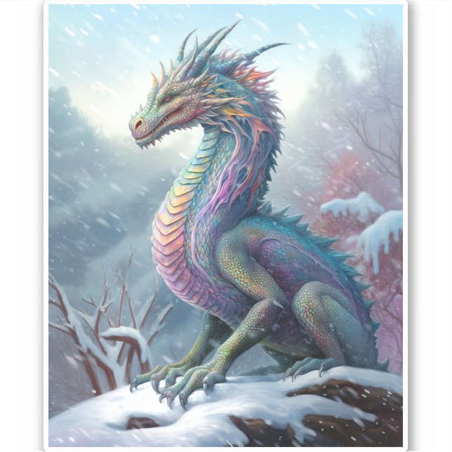 Regenbogendrache in der Schneefantasiekunst Aufkleber (Vorderseite)