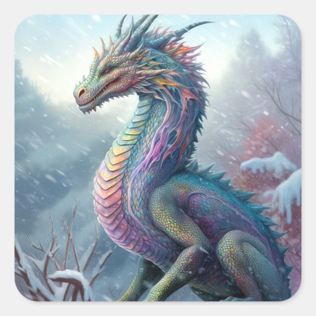 Regenbogendrache in der Schneefantasiekunst Quadratischer Aufkleber (Vorderseite)