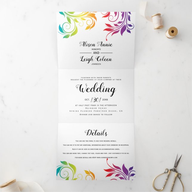 Regenbogenfarben blättern lesbische Winterhochzeit Dreifach Gefaltete Einladung (Innenseite)