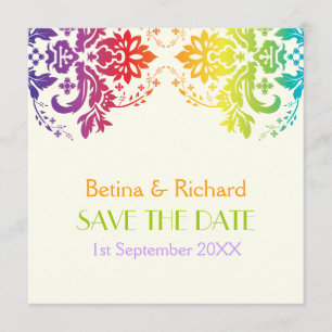 Regenbogenfarben, Damastenhochzeit Save the Date