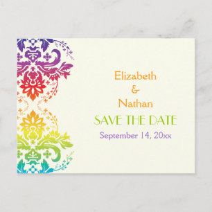 Regenbogenfarben, Damastenhochzeit Save the Date Ankündigungspostkarte