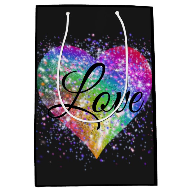 Regenbogenfarben, die Glitzer-Herz-Liebe ausstrahl Mittlere Geschenktüte (Vorderseite)