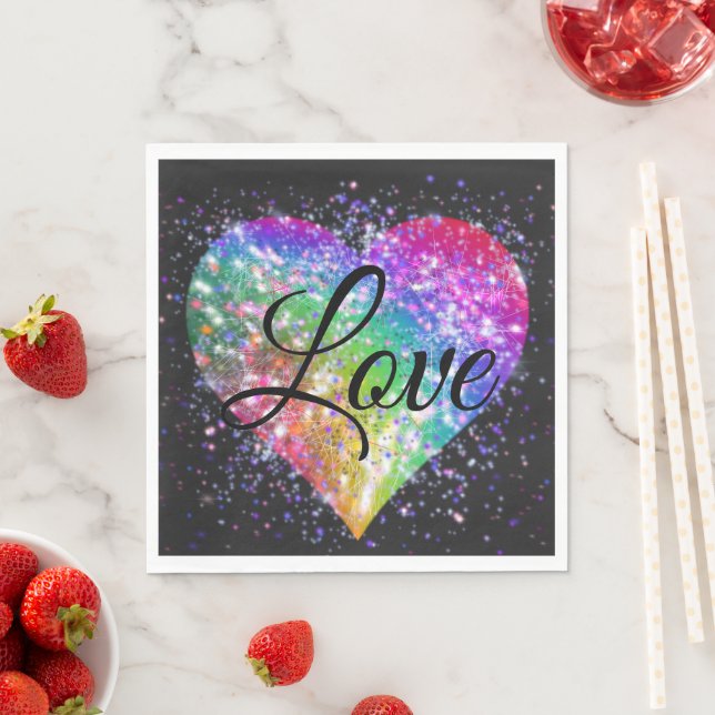 Regenbogenfarben funkelnd Glitzer Herz Liebe Nicke Serviette (Beispiel)