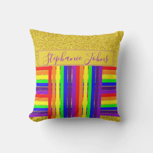 Regenbogenfarben Streifen Gold Glitter Name Hochze Kissen