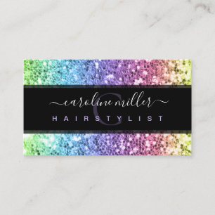 Regenbogenfarbene Glitter-Monogramm-Schönheitssalo Visitenkarte