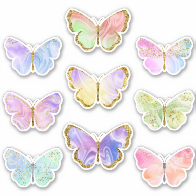 Regenbogenfarbene Goldkleber-Glitzer Schmetterling Aufkleber (Vorderseite)