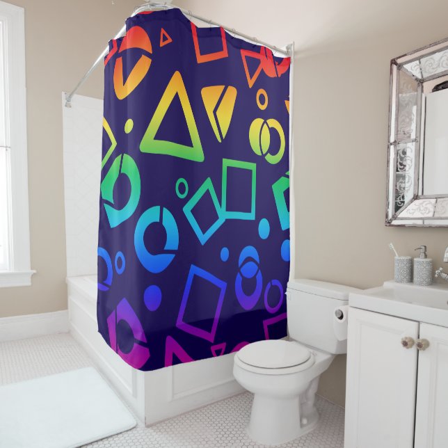 Regenbogenfarbene Kubikfarben dunkelblauer Hinterg Duschvorhang (Beispiel)