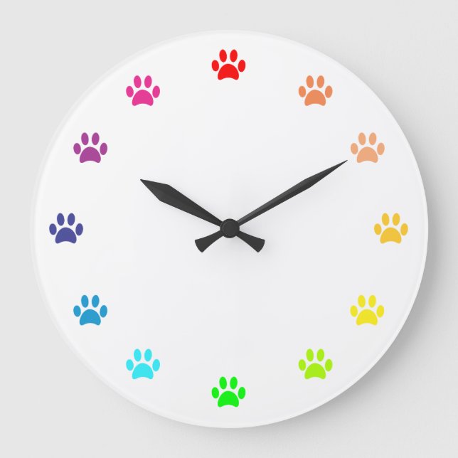 Regenbogenfarbene Paw-Prints als Zahlen Große Wanduhr (Vorderseite)