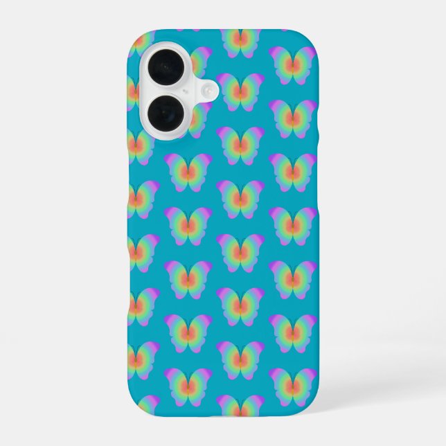 Regenbogenfarbene Schmetterlinge Muster iPhone 16 Hülle (Rückseite)