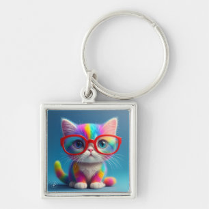 Regenbogenfarbenes Kätzchen mit Brille-46568 Schlüsselanhänger