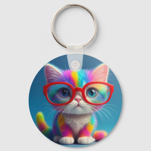 Regenbogenfarbenes Kätzchen mit Brille-46568 Schlüsselanhänger