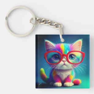 Regenbogenfarbenes Kätzchen mit Brille-46568 Schlüsselanhänger