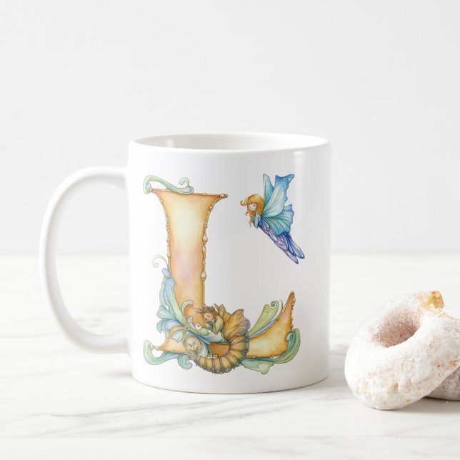 Regenbogenfee Anfangsbuchstabe 'L' Kaffeetasse (Mit Donut)