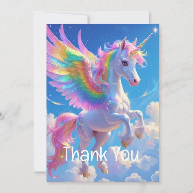 Regenbogenflügelndes tänzelndes Einhorn  Dankeskarte (Vorderseite)