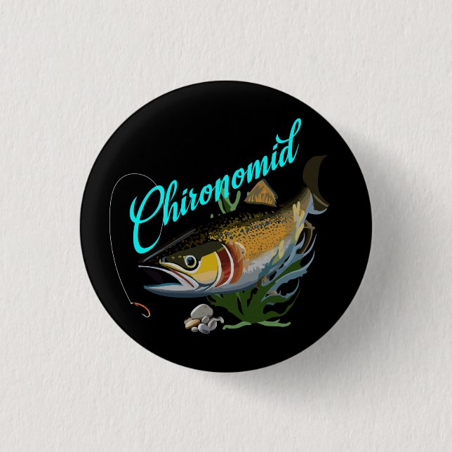 Regenbogenforelle auf der Suche nach Blutwurm Button (Vorderseite)