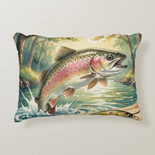 Regenbogenforelle springt in Waldstrom Aquarell Dekokissen