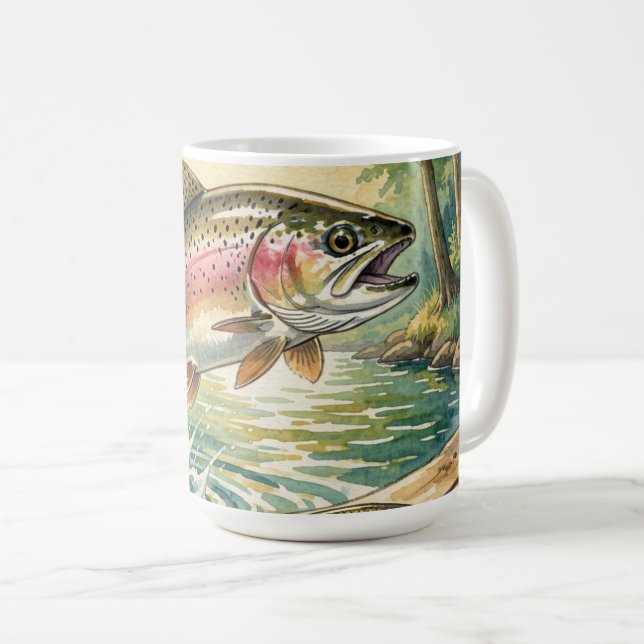 Regenbogenforelle springt in Waldstrom Aquarell Kaffeetasse (VorderseiteRechts)