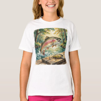 Regenbogenforelle springt in Waldstrom Aquarell T-Shirt