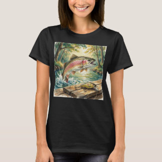 Regenbogenforelle springt in Waldstrom Aquarell T-Shirt