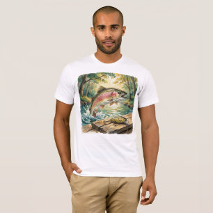 Regenbogenforelle springt in Waldstrom Aquarell T-Shirt