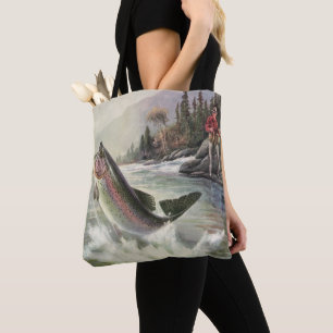 Regenbogenforelle, Vintage-Angler fischt Fische Tasche