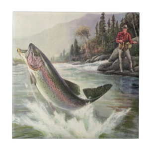 Regenbogenforelle, Vintage-Angler fischt nach Fisc Fliese
