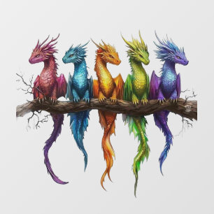 Regenbogengruppe von Baby-Drachen auf Schwarz Fensteraufkleber