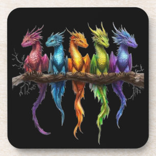 Regenbogengruppe von Baby-Drachen auf Schwarz Getränkeuntersetzer
