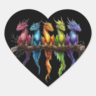 Regenbogengruppe von Baby-Drachen auf Schwarz Herz-Aufkleber