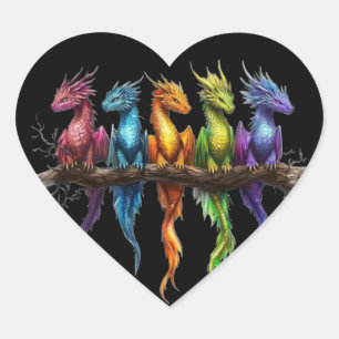 Regenbogengruppe von Baby-Drachen auf Schwarz Herz-Aufkleber