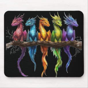 Regenbogengruppe von Baby-Drachen auf Schwarz Mousepad