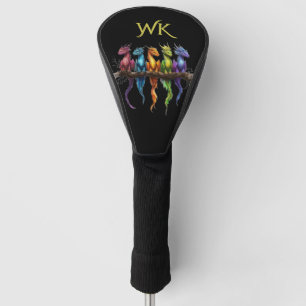 Regenbogengruppe von Baby-Drachen auf schwarzem Mo Golf Headcover