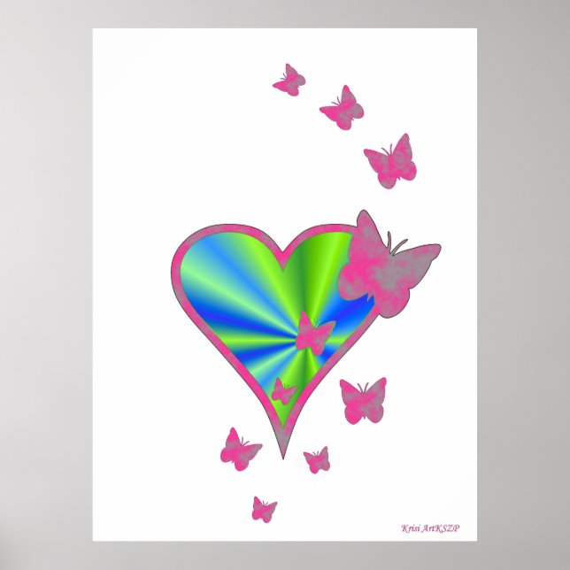 Regenbogenherz und Schmetterling Poster (Vorne)